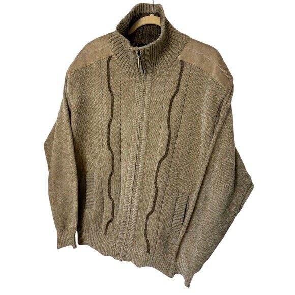 Lord Jeff Mens XL Wool Blend Heavy Knit Tan Sweater Full Zip Suede Shoulder - Picture 2 of 10